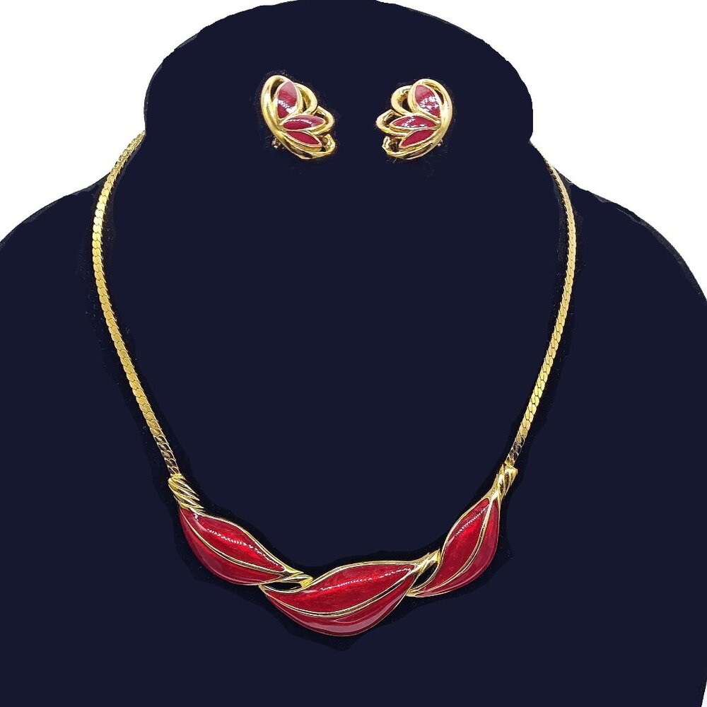 Vintage 90s Trifari Red Enameled Leaf Choker Necklace & Earrings, HTF